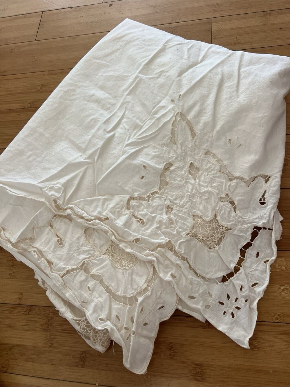 Vintage Cotton Full Beige Flat Sheet Embroidered Floral Crochet French Country